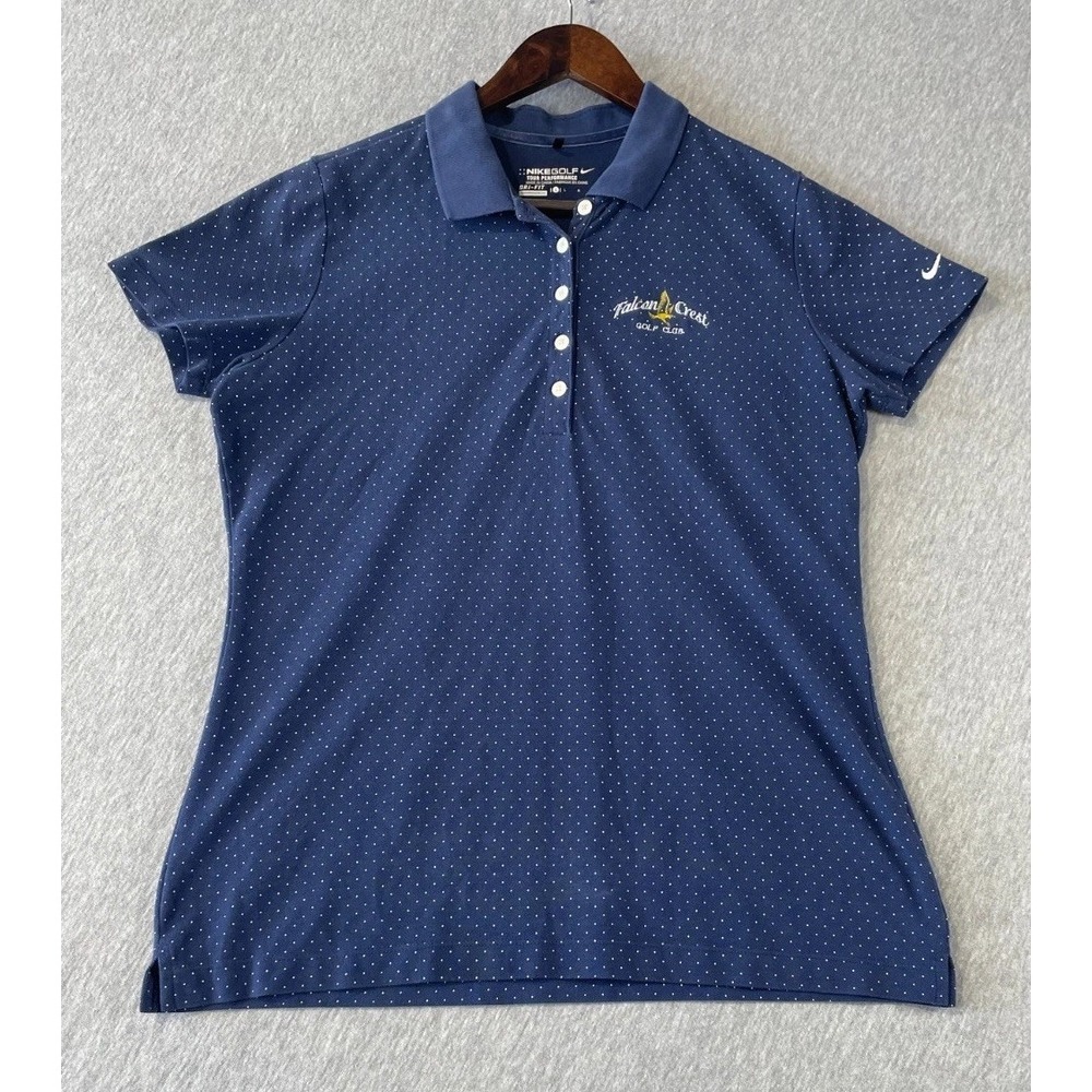 Nike Dri Fit Golf Tour Performance Shirt Womens Large Blue White Micro Polka Dot